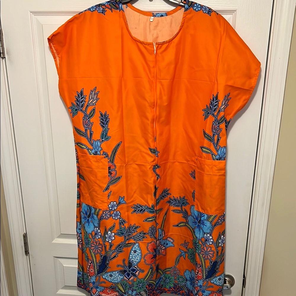 Floral Orange Dress SUN DRESS W/Pockets and side pockets. Size 52 NWOT - Picture 1 of 7